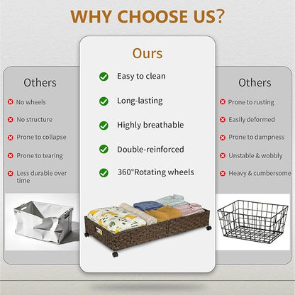 2 Pack Under Bed Storage with Wheels, 40L Large Under Bed Storage Containers with Handwoven Rattan , Rolling Underbed Organizer Bins Drawers for Clothes, Shoes, Blankets, Brown(31.5 x 15.75 x 6.3 In)