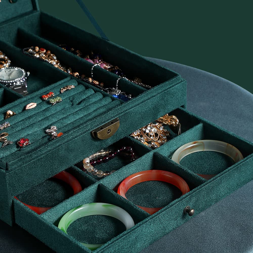 GYJOYERO Women Jewelry Box Lockable 3 Layers Large Jewelry Organizer Storage Case for Earrings Necklaces Rings Bracelets,Green Display Jewel Holder (Green)