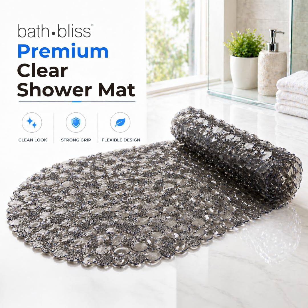 Bath Bliss Non-Slip Pebble Bathtub Mat 18x36 Oval Smoke Color | Suction Cup Shower Mat with Drain Holes | Machine Washable Anti-Slip Tub Mat