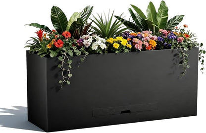 Metal Planter Box 36" x 12"x 16",Heavy-duty Galvanized Steel Outdoor Planter with Removable Built-in shelf and Drainage Holes,Rectangular Planter for Porches, Gardens, Patios, and Courtyards，Black