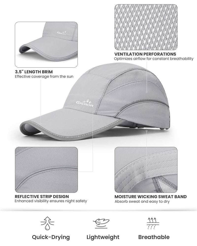 GXCROR Quick-Dry Running Hat for Men & Women - UPF 50+ Breathable Mesh, Reflective Sports Cap for Outdoor, Hiking Light Gray