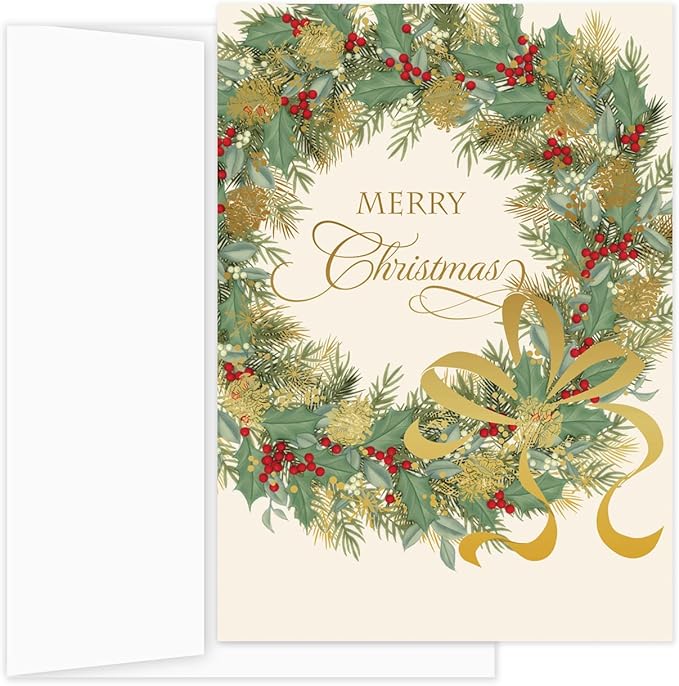 Masterpiece Traditional Wreath Christmas Cards / 15 Festive Holiday Cards Set With White Envelopes / 5 5/8" x 7 7/8" Winter Greeting Cards With Inside Verse