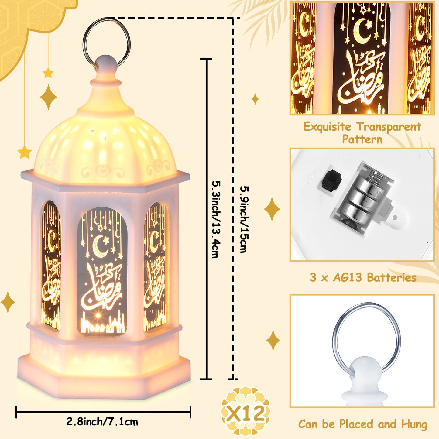Threan 12 Pcs Ramadan Lantern Lights LED mini Eid Mubarak Lantern Gifts, Ramadan Decorations for Home Table Wall Eid Centerpieces Decor (White Meteor)