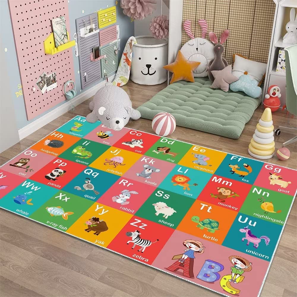 ABC Alphabet Education Rug, Kids Fun Game Carpet Children's Room, Playroom, Classroom, Non-Slip Washable Crawl Floor Mat (Animal 47x71in)