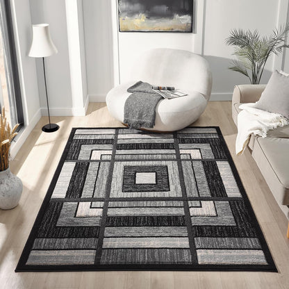 HADBA Modern 5x7 Grey Geometry Living Room Rug - Area Rugs for Living Room Dining & Bedroom - Hand Carved Runner Carpet - Durable Polyester - Non-Fade Stain-Resistant - Turkish Made