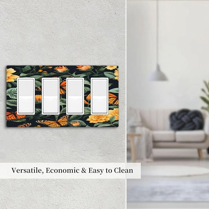 Butterflies Flower Garden Light Switch Cover 4 Gang Rocker Decora Outlet Covers Wall Plate Decorative Switchplate Electrical Faceplate GFCI for Farmhouse Living Bedroom Decor