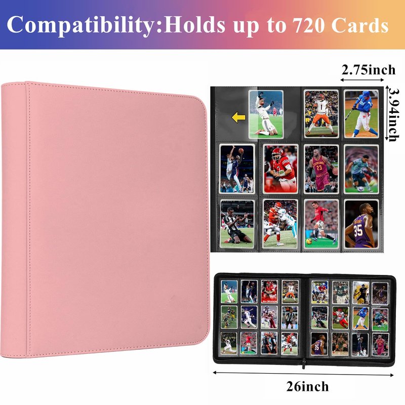 12 Pocket Card Binder, 720 Pockets PU Leather Zipper Trading Card Collection Album, Side-Loading Card Storage Folders for MTG, TCG, Game/Sport Crads (Pink, 12 Pockets)