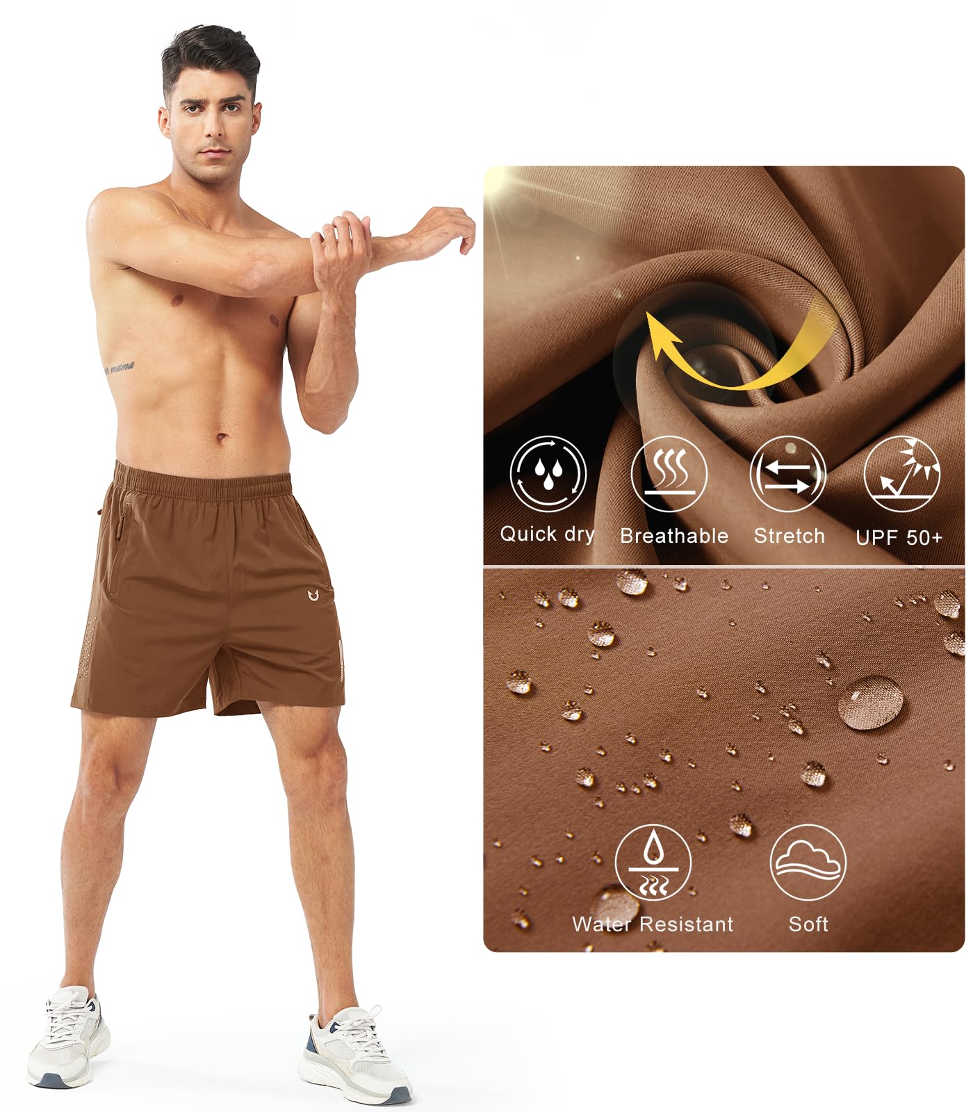NORTHYARD Men's Athletic Running Shorts Gym Workout 7"/9"/5" Quick Dry Lightweight Sports Basketball Tennis 3 Zipper Pockets BROWN-5inch L