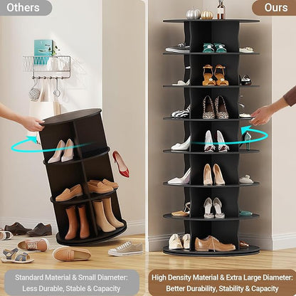 7-Tier Rotating Standing Shelf Unit with Dividers, 360° Storage Display Tower Vertical Floor Organizer, for Bedroom, Closet, Entryway & Office, Ideal for Shoes, Cosmetics & Handbags, Black