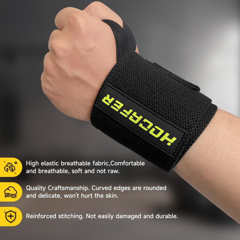 Hocafer Wrist Wraps for Weightlifting - 18” Wrist Compression Support and Wrist Brace for Bench Press, Bodybuilding, Strength Training(Black, Flex Fit, 2P)
