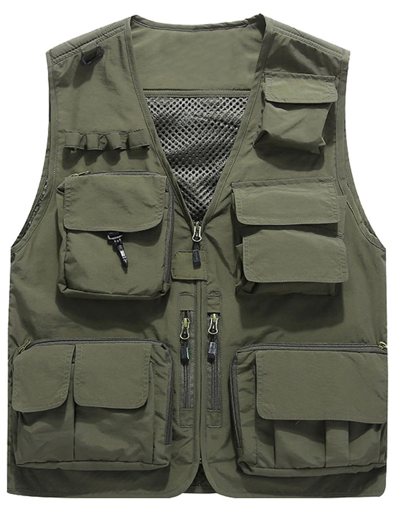 Flygo Men's Casual Lightweight Outdoor Fishing Work Safari Travel Photo Cargo Vest Jacket Multi Pockets(Large, Army Green)