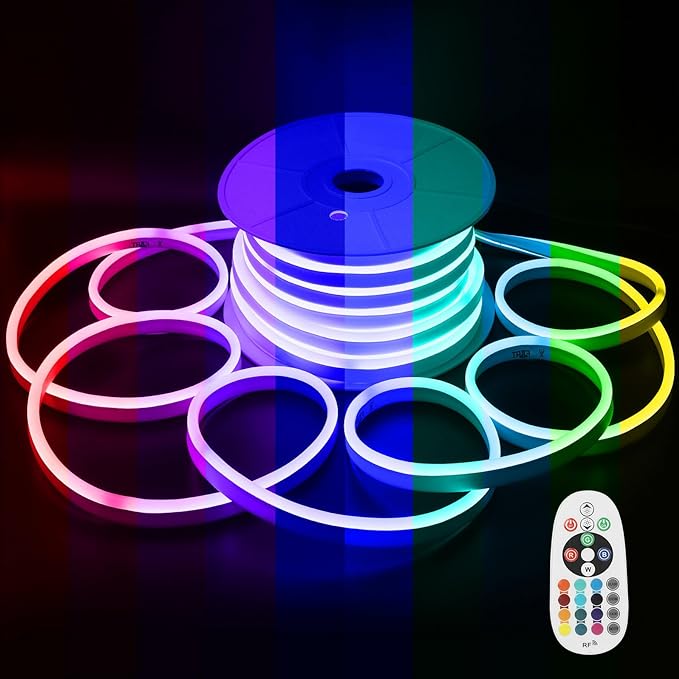 FORT 16.4FT LED RGB Neon Rope Lights, ETL-Listed AC 110-120V LED Strip Lights 144 LEDs/m with Remote, Dimmable Multicolor Change Flexible Neon Rope Lighting Conectable Waterproof for in&Outdoor