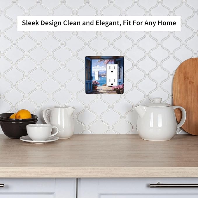 Decorative Art Light Switch Covers Seaside Window View 2 Gang Single Toggle Rocker Combination Electrical Faceplate Switchplate Wall Plate for Home Decor