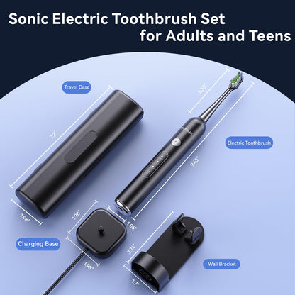 Electric Toothbrush for Adults, Rechargeable Sonic Toothbrush, IPX7 Waterproof Travel Toothbrush Set with Case, 8 Brush Heads, Charger, 2-Min Smart Timer, One Charge Last 60 Days(Black)
