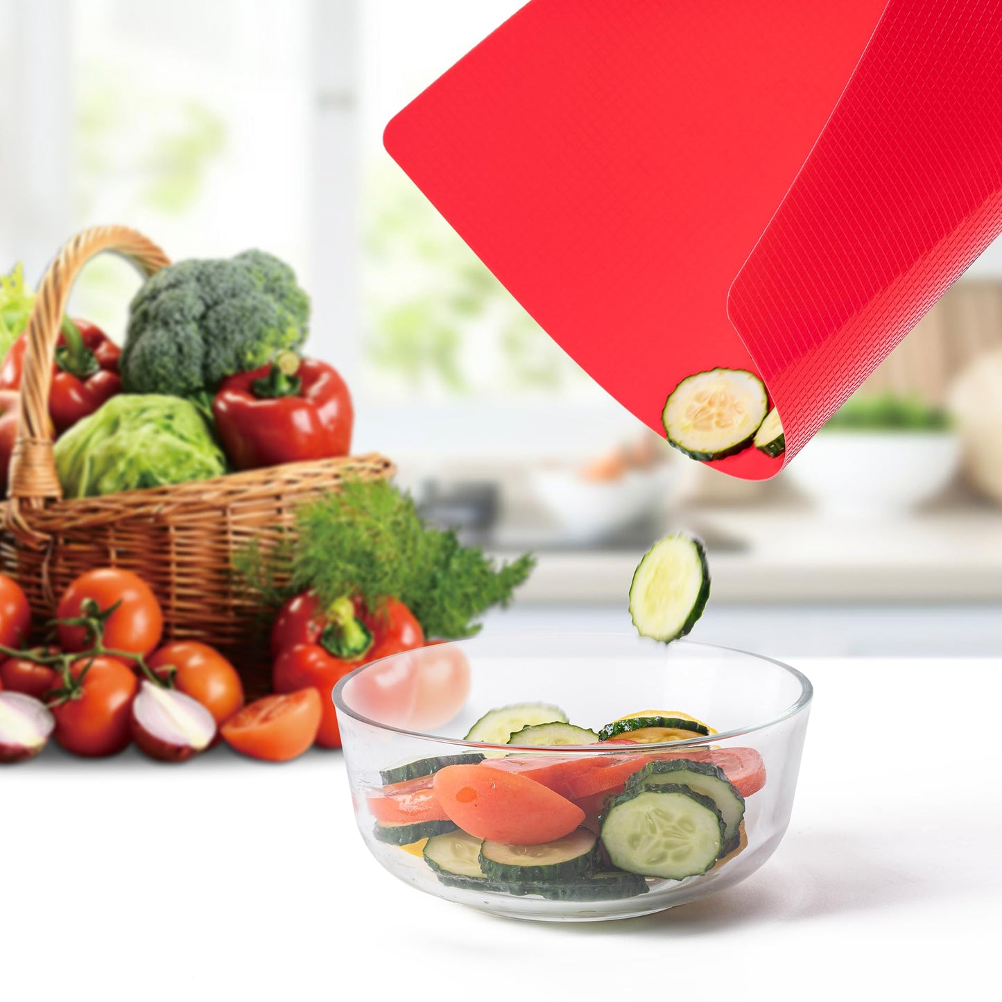 5 Pieces Flexible Plastic Cutting Board Mats with Food Icons, BPA Free Cutting Boards for Kitchen, Non Slip Cutting Mat for Meat and Vegetables (Red, Bright Yellow, Light Green, Purple, Lake Blue)