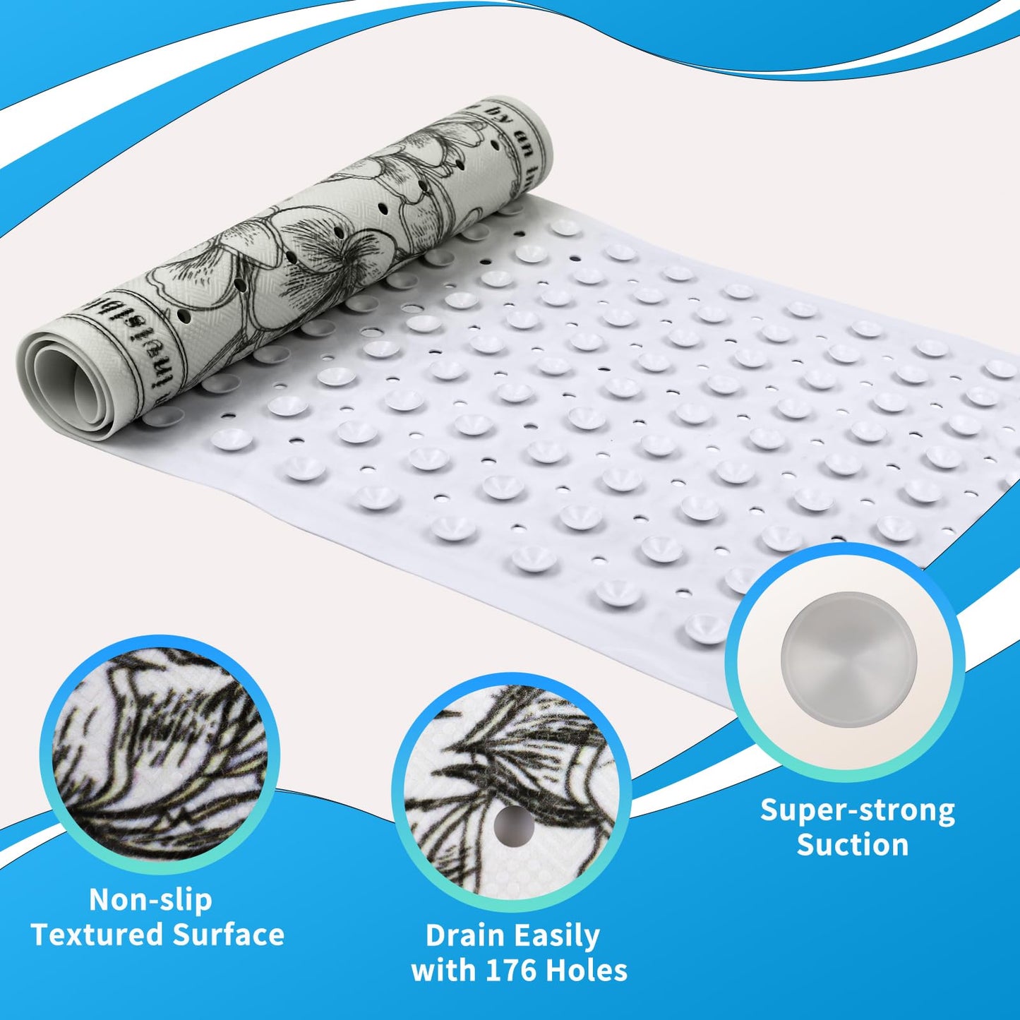 HONEYYEAR Non-Slip Large Bathtub Mat - 39.4"x15.8" with 200 Suction Cups, Massage Pebble Design & 176 Drain Holes, Safe Shower Mat for Elderly, Kids, Spa, Machine Washable, Floral Pattern