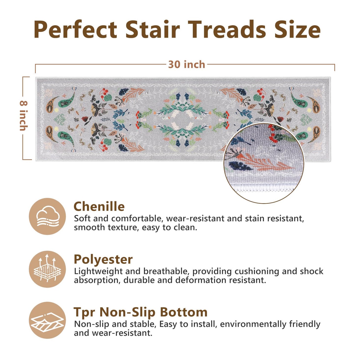 Retro Stair Treads Non Slip for Wooden Steps, 8"x30" Stair Carpet TPR Backing Stair Carpet Treads Soft Stair Runner Washable Reusable Stair Rugs Indoor Safety Stair Mats for Elders Kids Dogs Grey