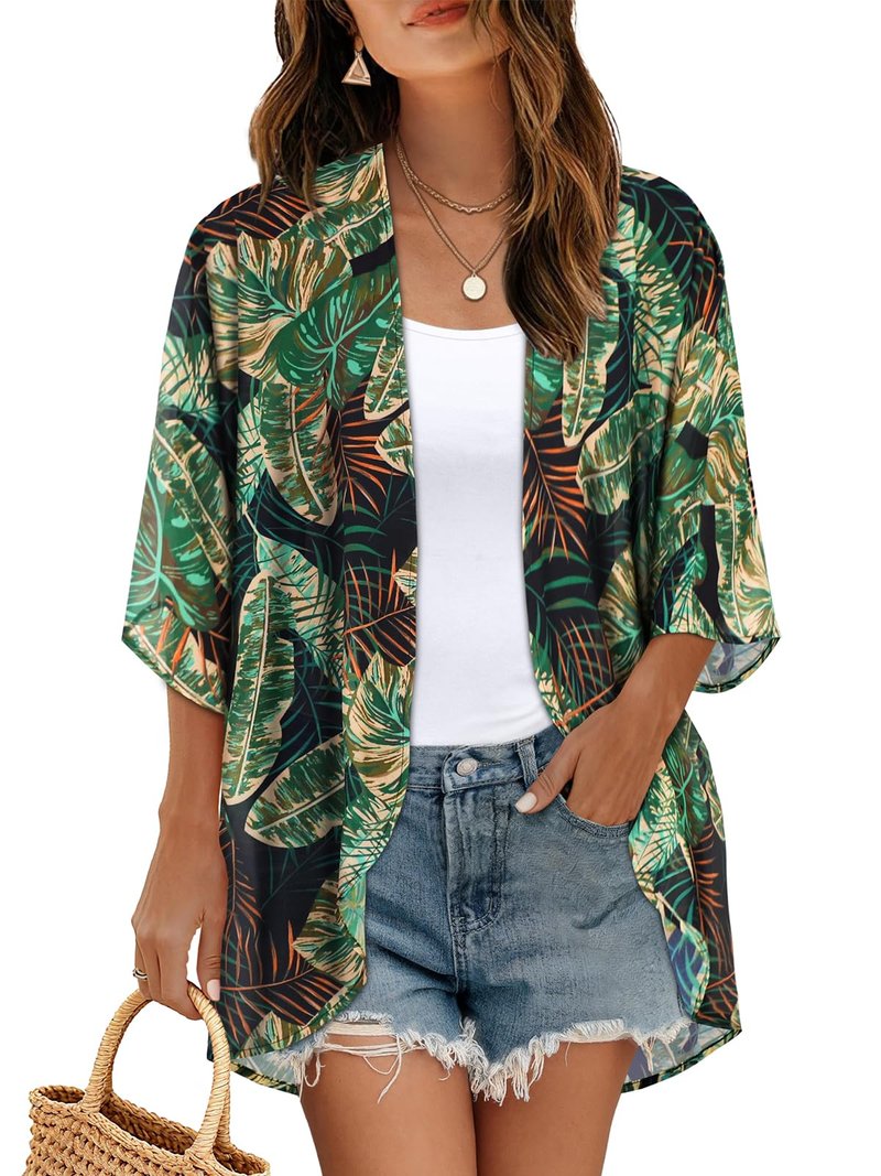 Women's Floral Kimono Print Puff Sleeve Loose Cardigan Cover Up Casual Blouse Tops (Green Orange Leaves, M)