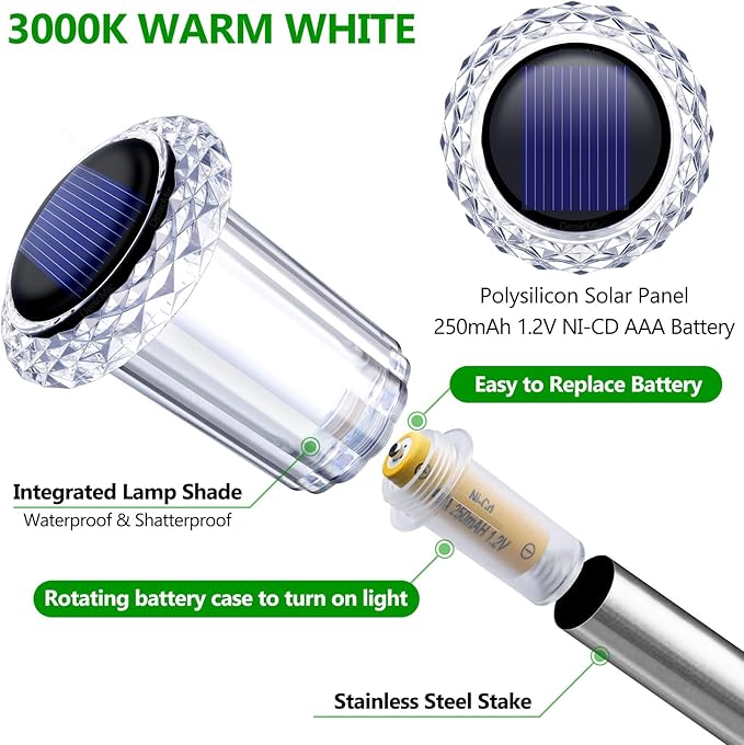 DenicMic Solar Lights Outdoor 15 Pack Waterproof 3000K Warm White LED Acrylic lamp Head Stainless Steel Stake for Landscape Lighting Path Walkway Sidewalk Backyard Patio Decor