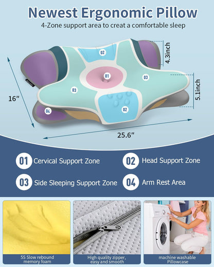 Cervical Neck Pillow for Pain Relief - Ergonomic Side Sleeper for Sleeping, Cooling Memory Foam Pillows for Neck Support, Contour Orthopedic Bed Pillow for Back Stomach Sleepers