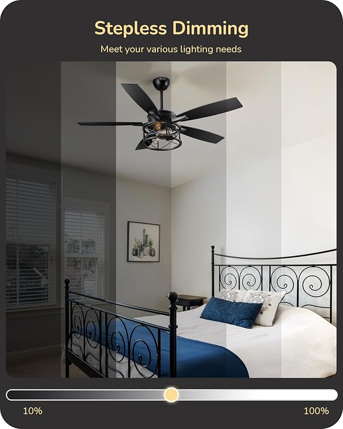 EDISHINE 52" Black Farmhouse Ceiling Fans With Lights, Remote Control, Dimmable, Reversible DC Motor, 5 Wooden Blades Rustic Indoor/Outdoor Ceiling Fan for Living Room Bedroom Porch