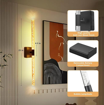 24in Acrylic Battery Operated Wall Sconces Set of 2, [8000mAh Removable Battery & Sunset Glow] Dimmable 2700K–6500K, Touch/Remote Control Wireless Wall Lamps–Black