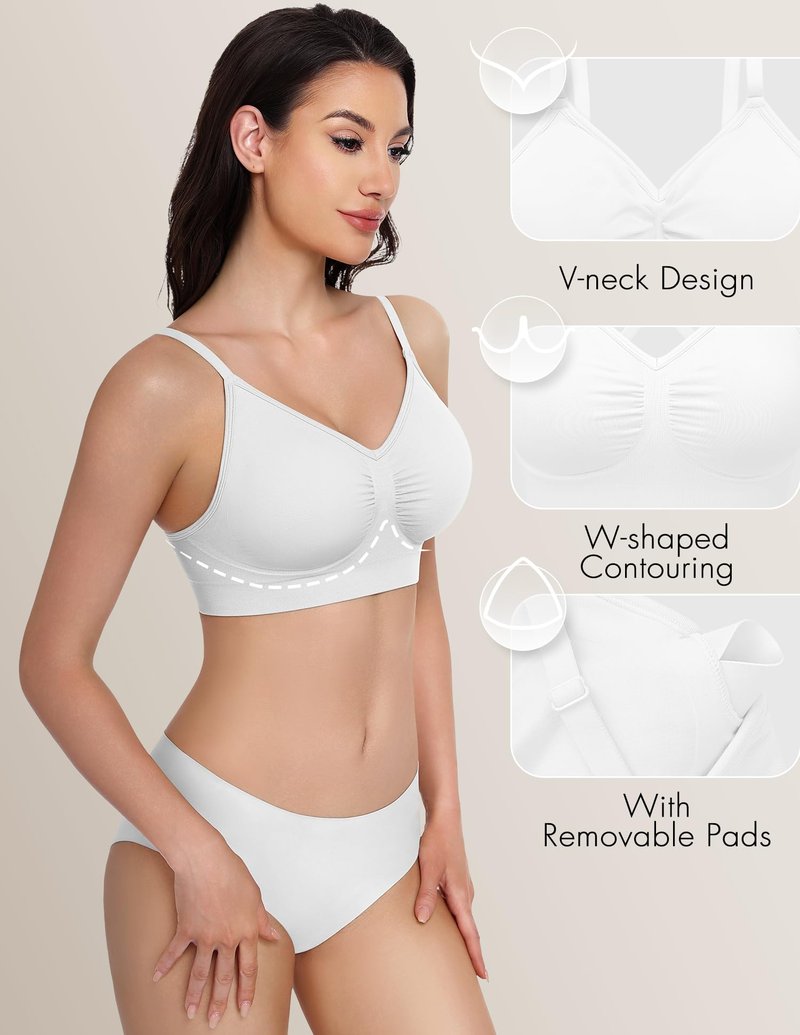 WANAYOU Bras for Women Bralettes for Women with Support Wireless Bras Compfortable No Underwire Push Up Padded Bra Seamless Soft Lift Everyday Bra V Neck Ajustable Straps T Shirt Bra 3 Pack