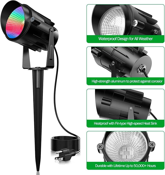 Christmas Halloween Outdoor Spot Lights RGB Spotlight 12W Color Changing Landscape Lights for Tree Yard Garden, 120V Waterproof Landscape Outdoor Spotlight with Remote Control (2 Pack)