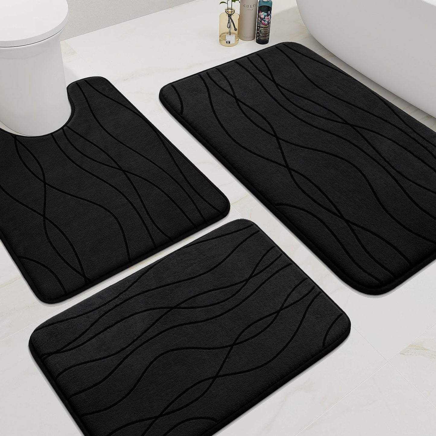 YIHOUSE Memory Foam Bathroom Rug Sets, Black, 3 Piece