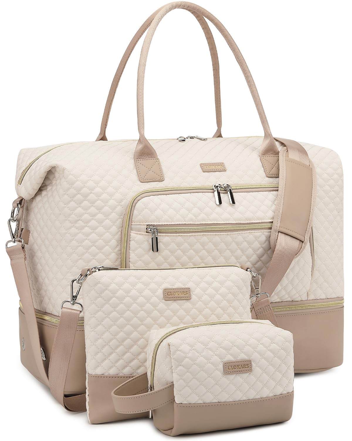 CLOKARS Weekender Bags for Women, Travel Duffle Bag Carry On Overnight Bag with Cosmetics Bag and Crossbody Purse for Gym Hospital, Gifts for Women, Beige Camel