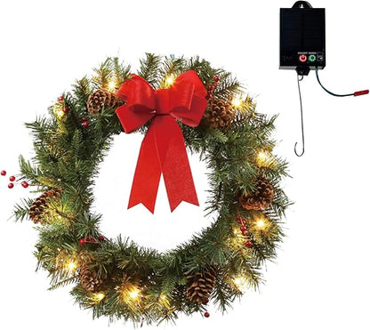 4Pack Solar Christmas Wreath Pre-Lit Solar 50 Led Artificial Wreath Outdoor Front Door Window Christmas Decorations with Frosted Branches Berry Clusters Red Velvet Bows (2401-4pk)