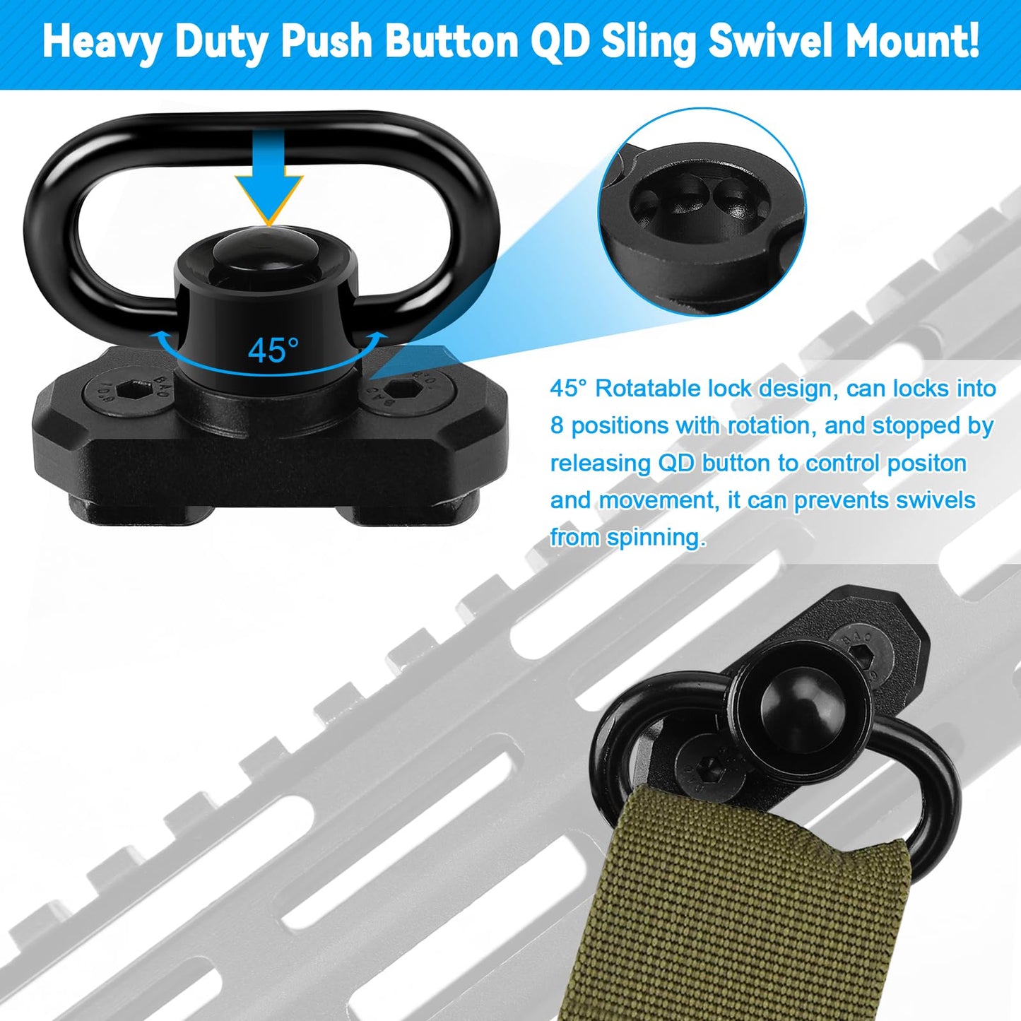 REERON 2 Point Sling & Mount - Adjustable Extra Long Two Point Traditional Rifle Sling with 2 Pack 1.25" QD Swivels Mounts for M-Rail (2 Pack Mounts)