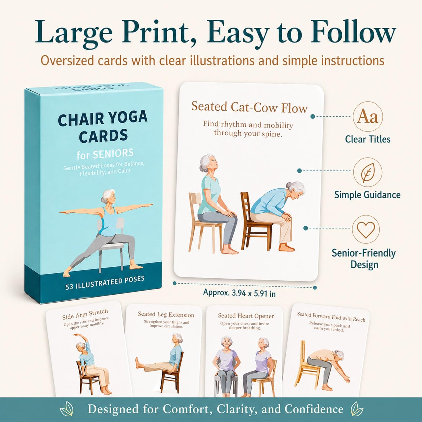 HuanRanYo Oversized Chair Yoga Cards for Seniors, 53 Seated Yoga & Stretch Poses, Large-Print Step-by-Step Exercise Deck with Storage Box, Low-Impact Mobility & Flexibility Workouts for Older Adults