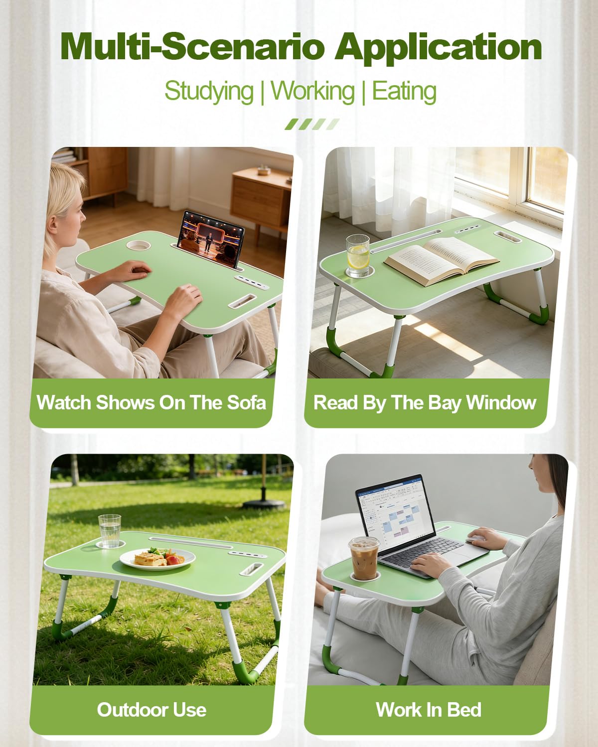 Foldable Laptop Bed Desk with Cup Holder and Fan Slot, Portable Lap Table for Work and Study, 23x15.5x9.65 Inches (Green)