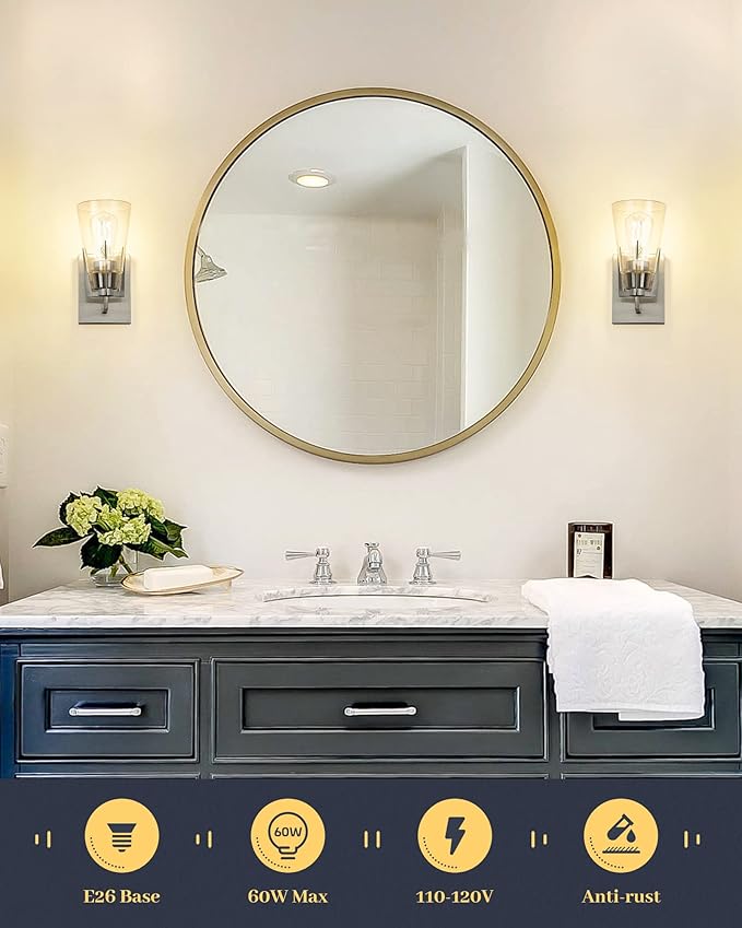 EAPUDUN Bathroom Light Fixtures, Modern Farmhouse 1-Light Bathroom Vanity Light Fixtures, Indoor Wall Lamp in Brushed Nickel Finish, Clear Glass Shade Wall Sconces, WLA1395-BNK