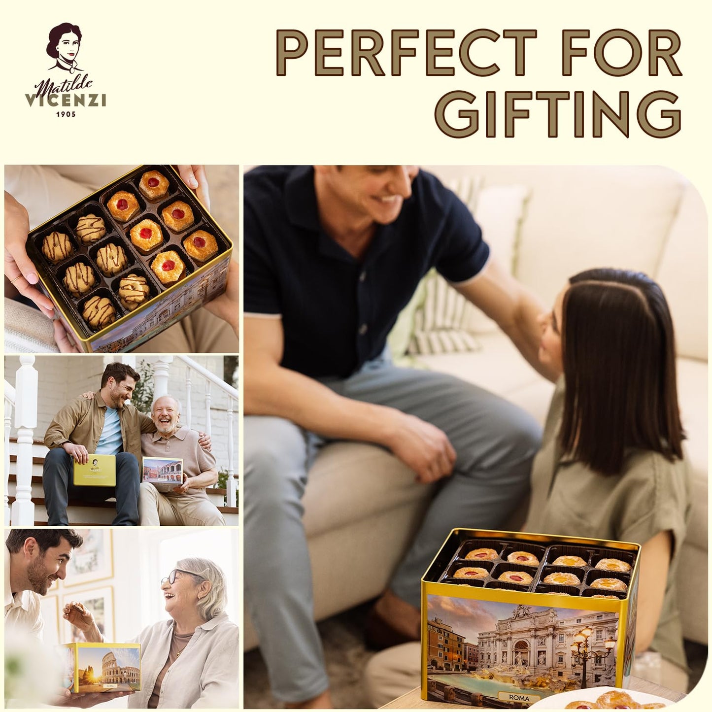 Matilde Vicenzi Roma Cookie Gift Tin - Italian Pastries & Cookies in Individually Wrapped Trays - Bakery Dessert Gifts For Birthdays, Thank You, Get Well and Every Special Occassion - Puff Pastry, Assorted Cookies in Italian Design Gift Tin 32.5oz (920g)