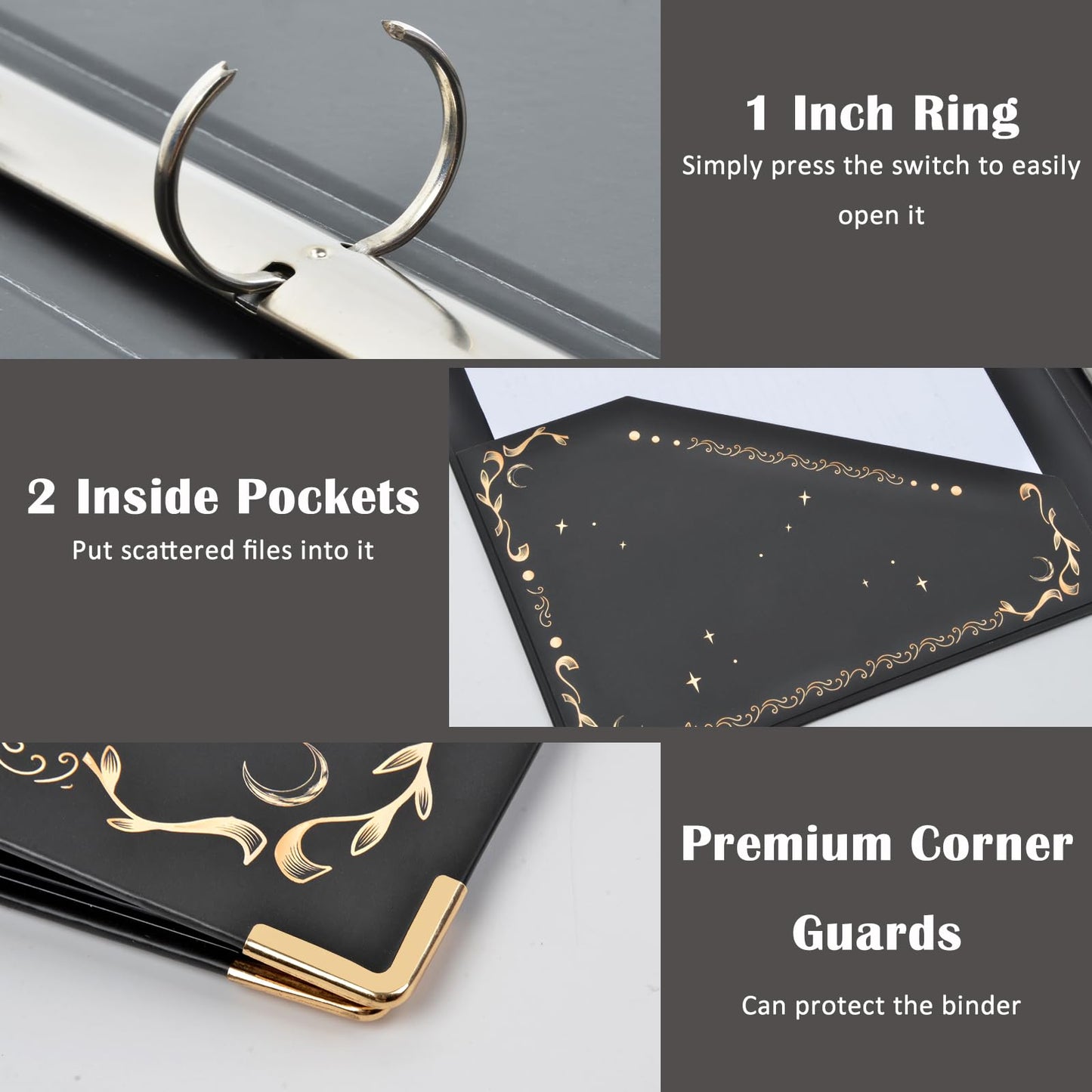 3 Ring Binder 1 Inch Three Ring Binder Cute Binder Fits A4 Paper Decorative Clipboard Binder with 5 Tab Dividers for School Office Supplies(Black Gold Sun Moon)