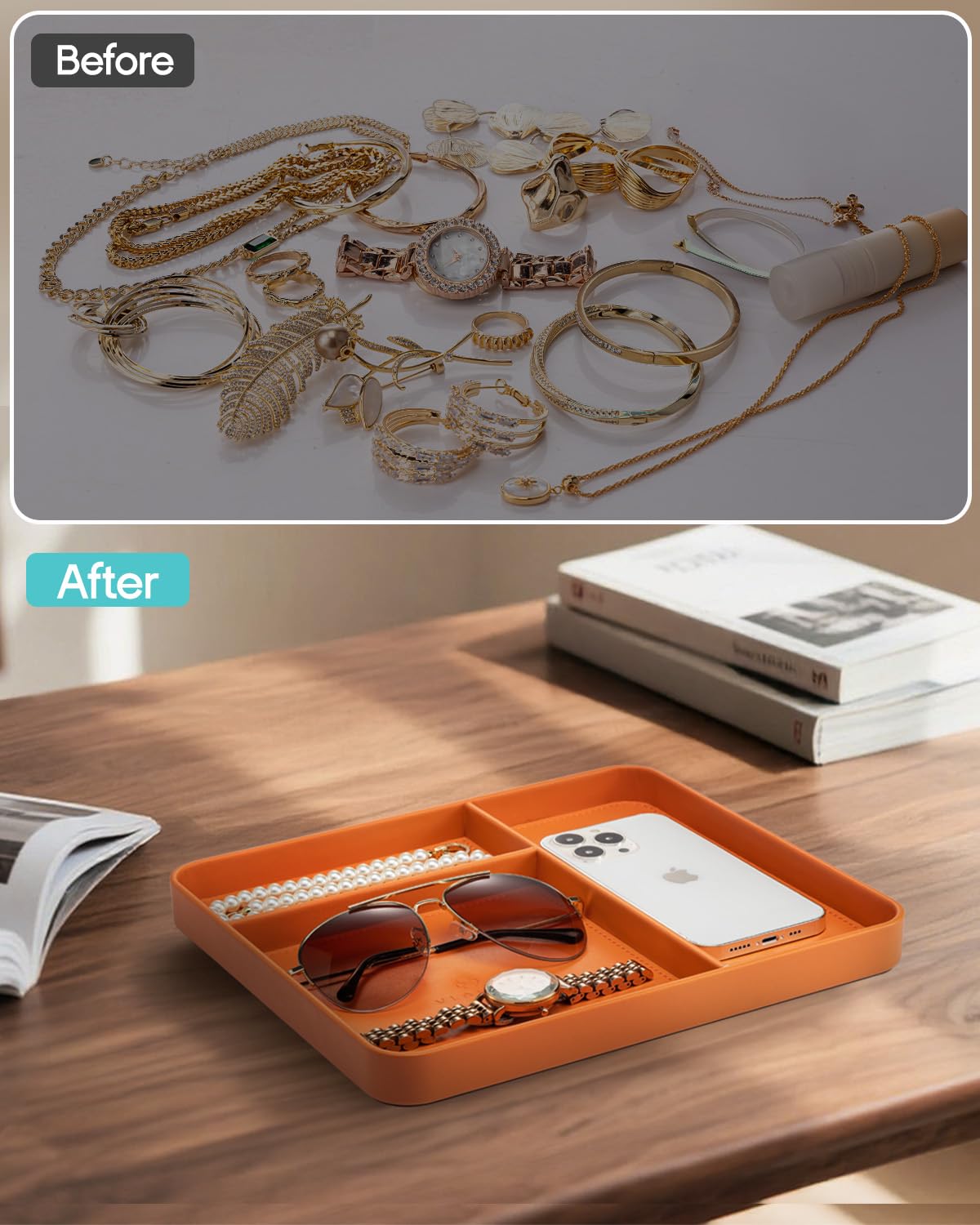 VLANDO Valet Tray Organizer, PU Leather Catchall Tray with Dividers for Keys Wallet Watch Phone Jewelry, Nightstand Dresser Desk Organizer for Sunglasses Perfume Earbuds Accessories, Orange