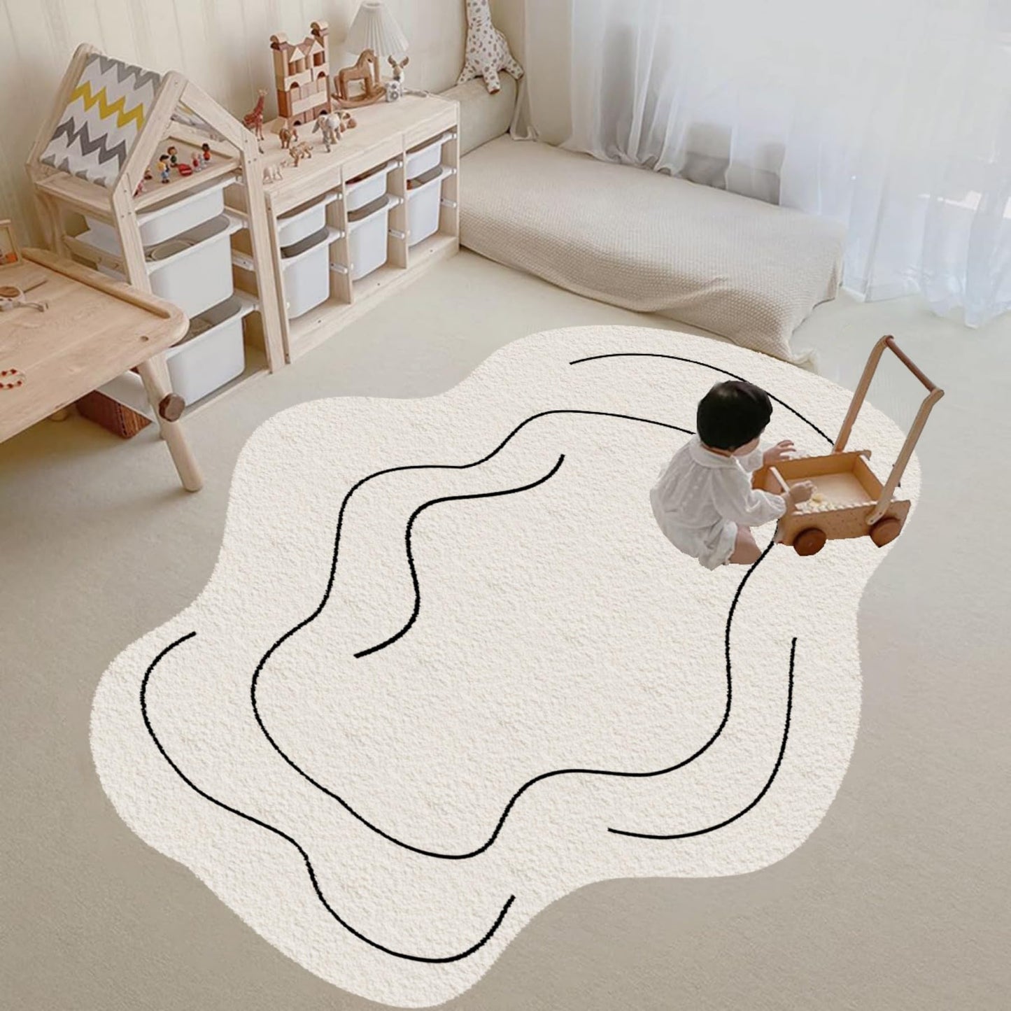 ZLXMN Washable Off-White Irregular Rug 5x6ft Indoor Soft Thin Plush Abstract Shaped Rug Unique Designer Simple Anti-Slip Carpet Suitable for Living Room Bedroom Lounge Area Home Decor
