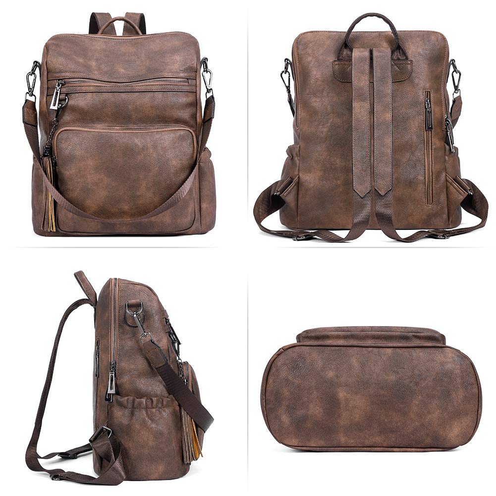CLUCI Backpack Purse for Women Large Leather Travel Backpack Work Fashion Ladies Casual Daypack with Tassel Two-Tone Coffee