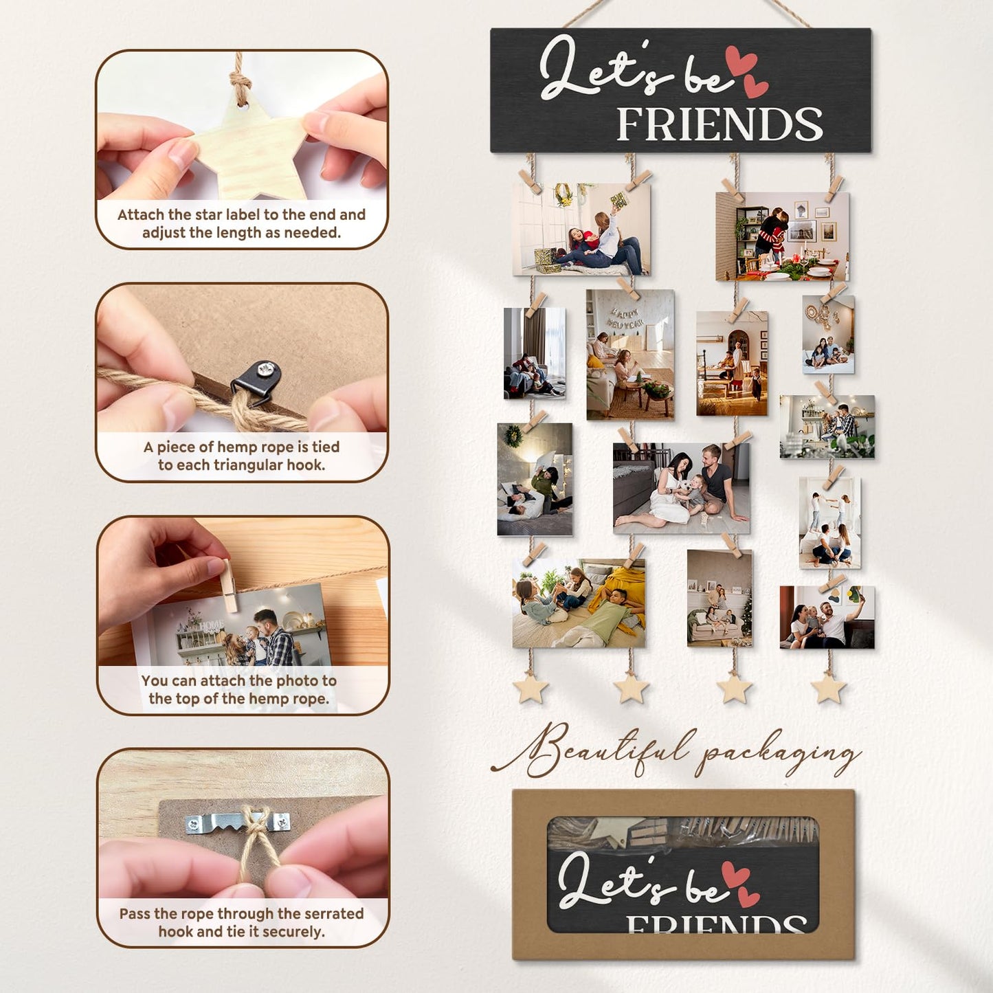 ELMCH Friends Picture Frame Photo Hanging Display with Clips, Best Friends Friendship Gifts for Women, BFF Bestie Gifts, Let's Be Friends Picture Board Photo Holder for Wall Decor
