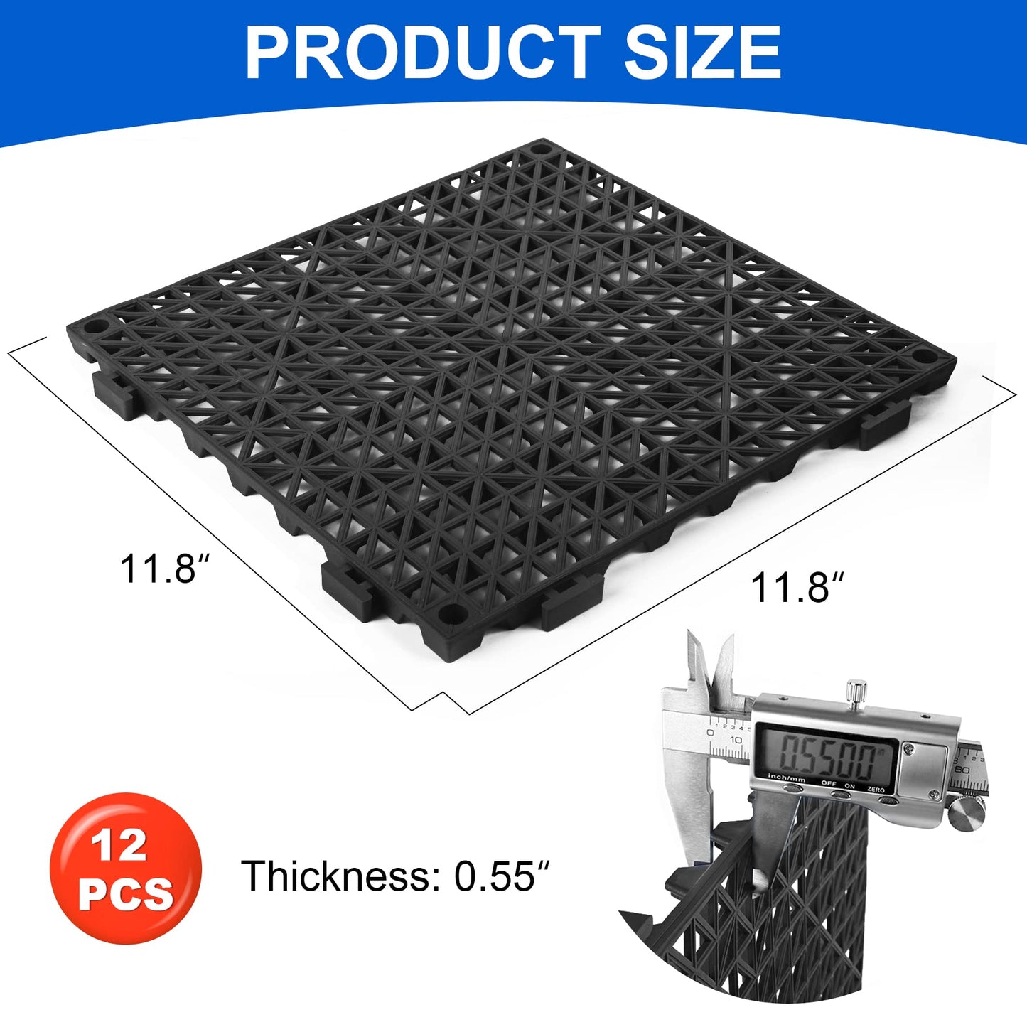 MYFAMIREA Modular Interlocking Cushion 12 Pack 11.8" x 11.8" Rubber Floor Tiles Non-Slip Splicing Drainage Mats for Deck, Pool, Outdoor Shower, Patio, Balcony, Indoor Bathroom, Kitchen, Yard (Black)