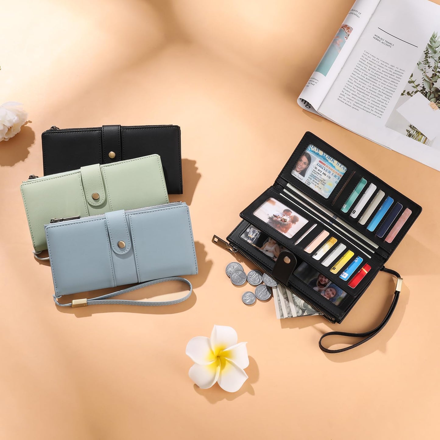 GAEKEAO Wallets for Women Leather RFID Blocking Large Capacity Card Case Ladies Wristlet Clutch Wallets Zipper Pocket with 4 ID Windows 21 Card Slots