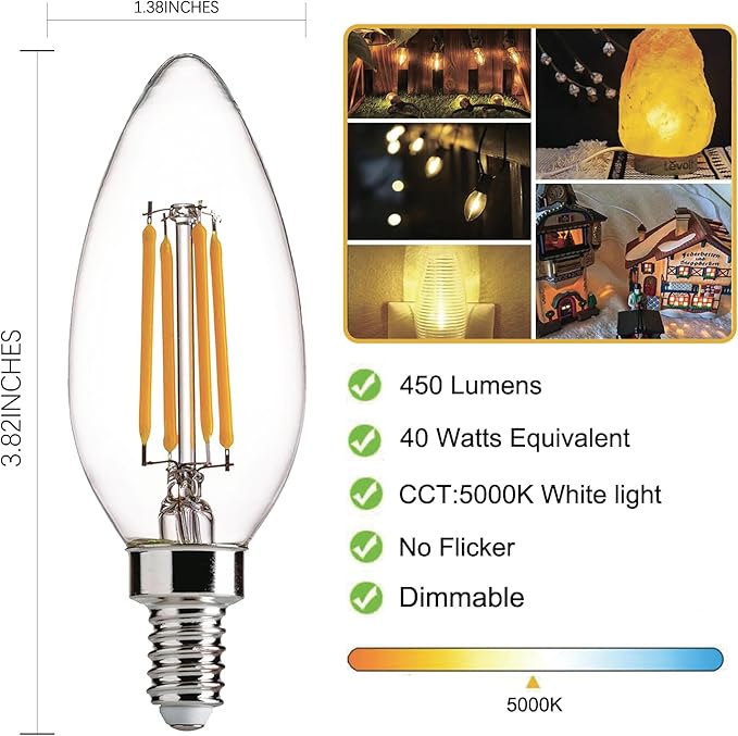 E12 LED Light Bulbs Dimmable 5000K Daylight White 4 watt 40W Equivalent Chandelier Light Bulb Filament LED Candle Bulbs,for Ceiling Fan Home,Candle Lamp,Bedroom Decor. (5000k Daylight White, 6-Pack)
