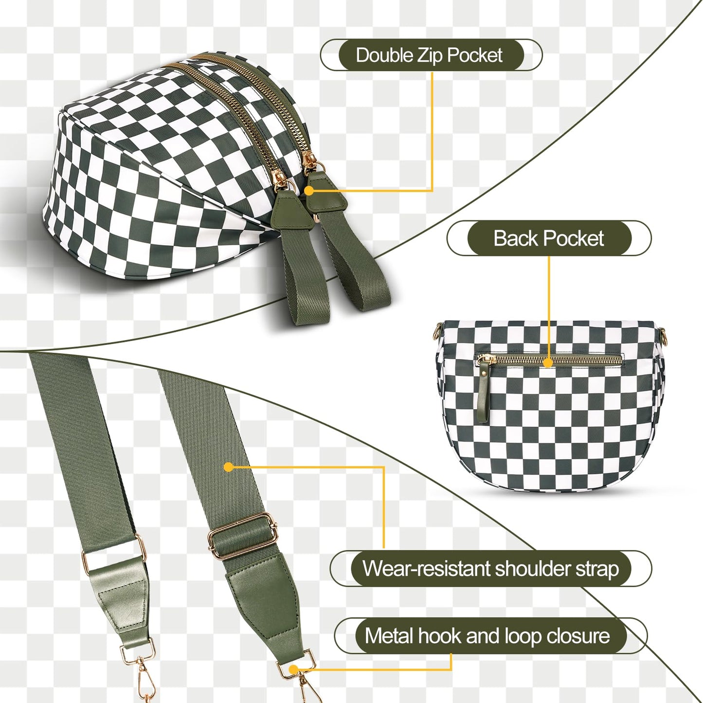 Checkered Crossbody Bag,Nylon Bum Bags for Women Crossbody,Spacious Sling Bag Purse Fanny Packs with Shoulder Strap
