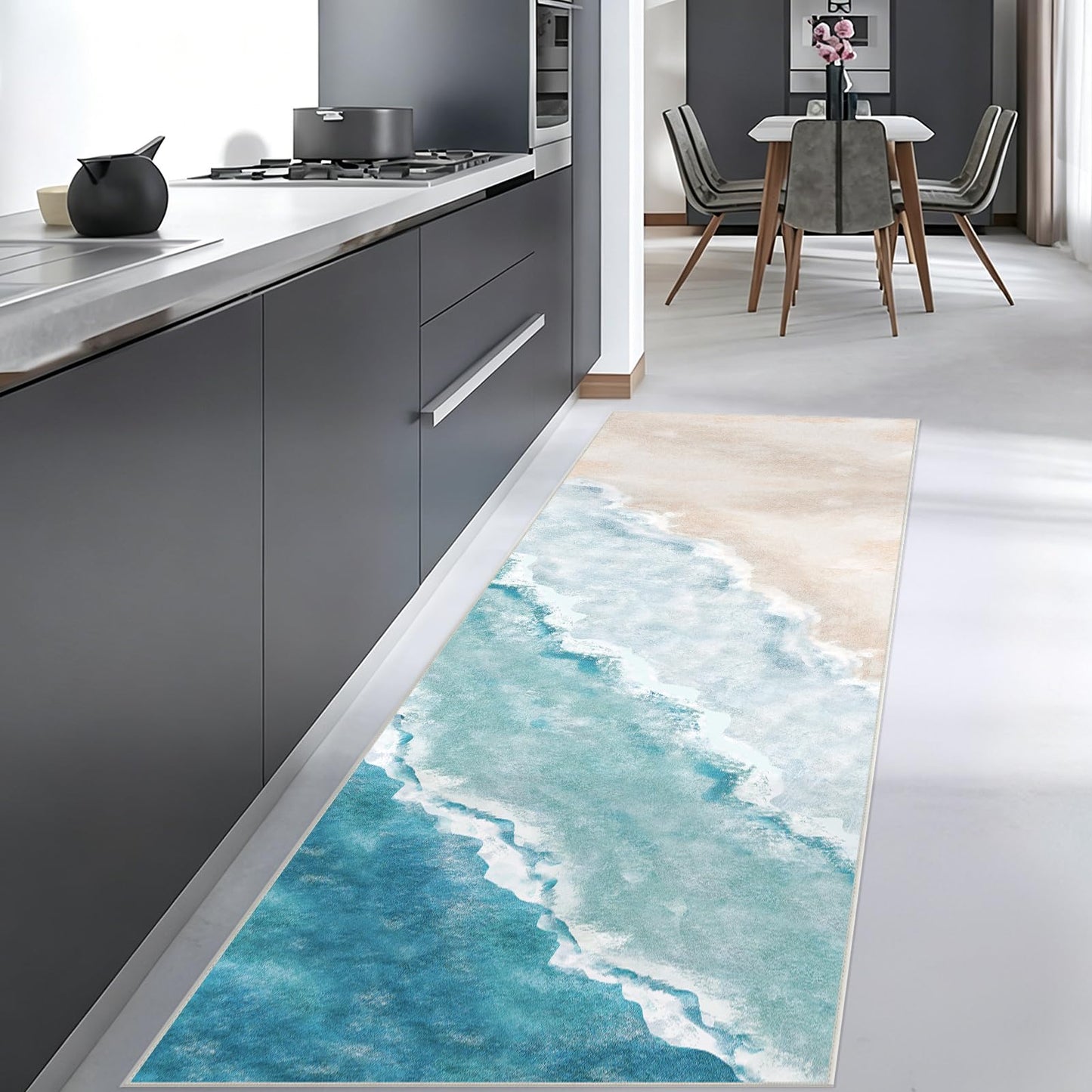 Beach Pattern 2x6ft Runner Rug Non Slip Washable Kitchen Runner Rug with Rubber Backing，Low-Pile Soft Washable Runner Rugs for Hallway Entryway Kitchen Bedroom Living Room Bathroom