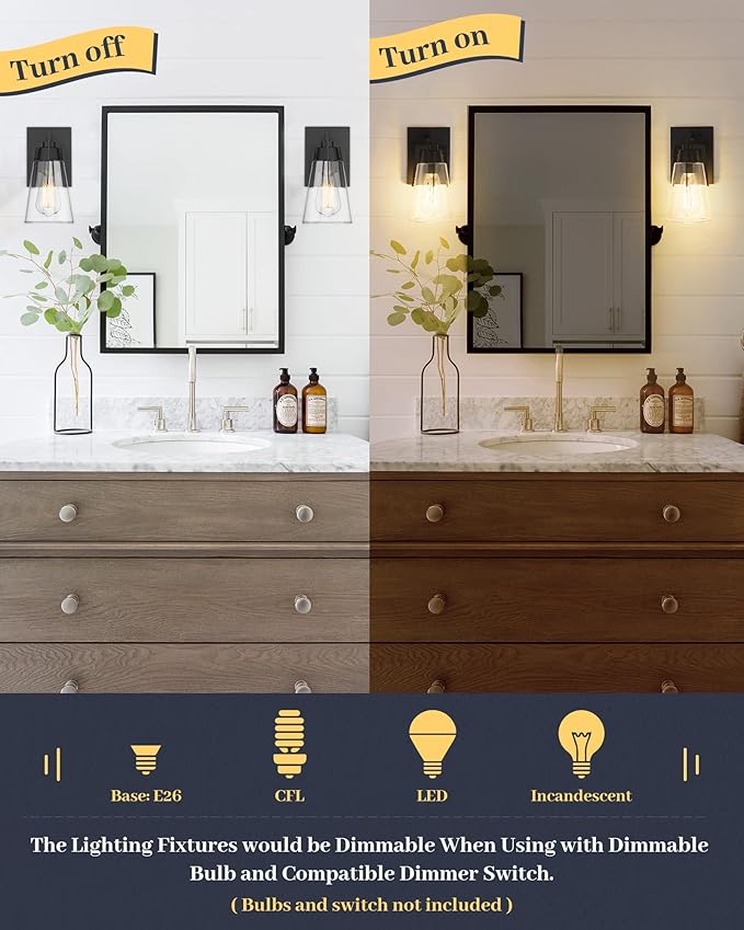EAPUDUN Vintage Bathroom Lighting Fixtures Over Mirror, 1-Light Modern Vanity Lights Black Finish Industrial Wall Sconce with Clear Glass Shade, WLA1395-MBK
