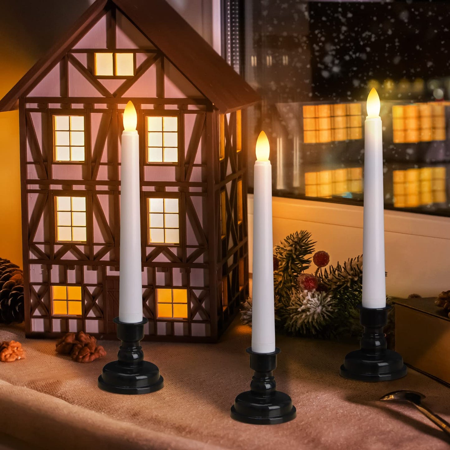 FREEPOWER Set of 6 Flameless Window Taper Candles with 6PCS Black Base, Battery Operated FlickeringTaper Candle with Remote and 4H/6H Timer,for Christmas Home Wedding Decor..