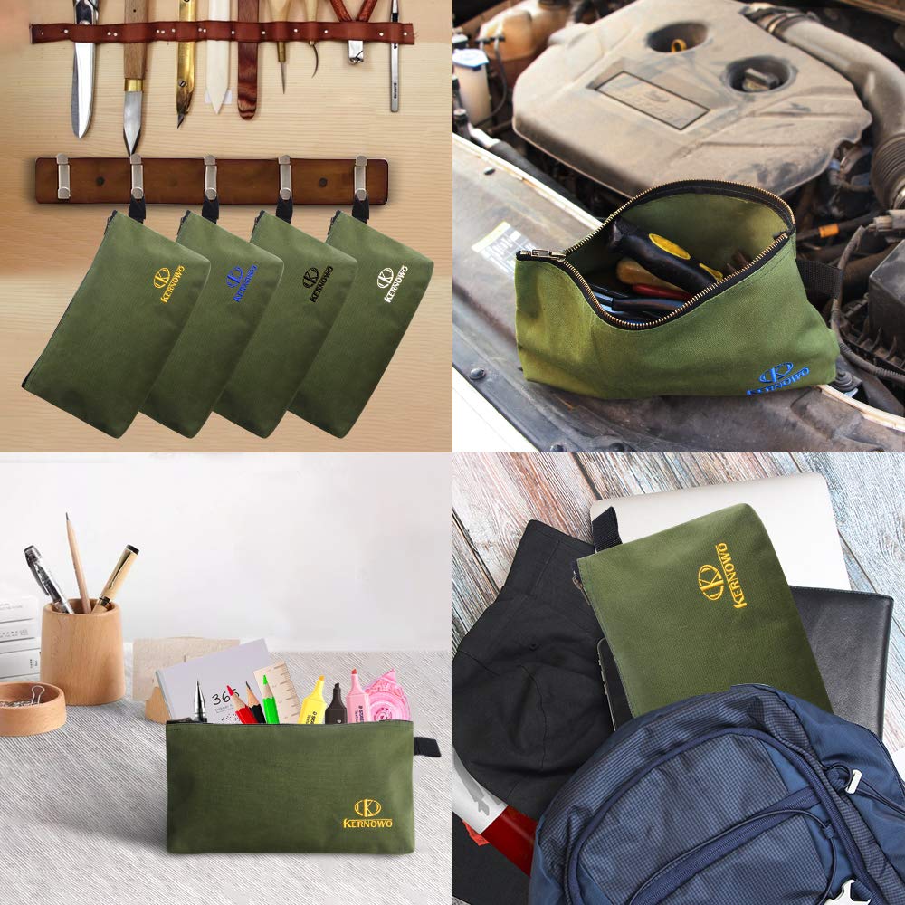 OTEVORP Premium Canvas Tool Pouch Zipper Bag,Small Tool Bag,Multipurpose Storage Pouch(4Pack 12.75x8x2.25 inch 20oz Water Resistant Heavy Duty Army Green Flat Bottom Tool Bag with Brass Zipper)