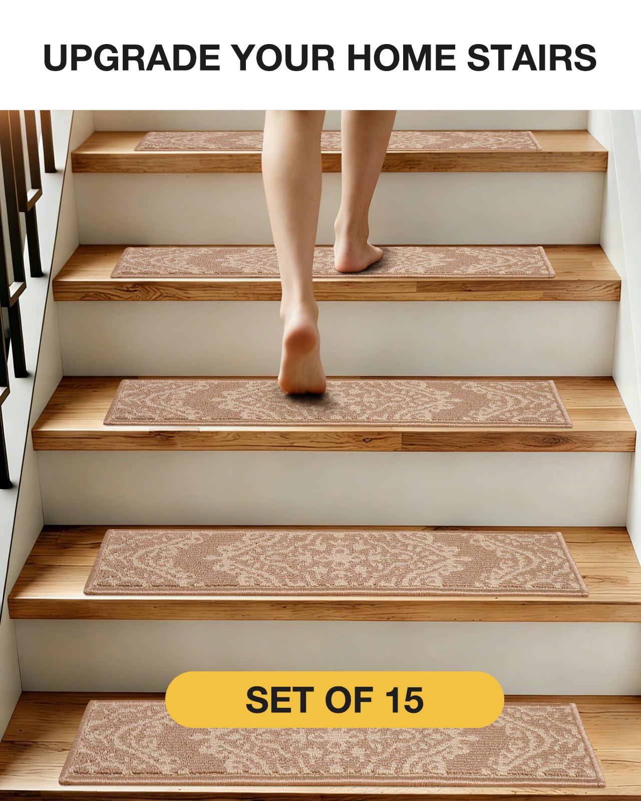 SALLOUS Soft Carpet Stair Treads for Wooden Steps, 15 Pack 8"x30" Non Slip Washable Stair Runners for Indoor Stairs, Quiet & Comfortable Peel and Stick Stair Mats for Kids, Dogs & Elderly (Yellow)